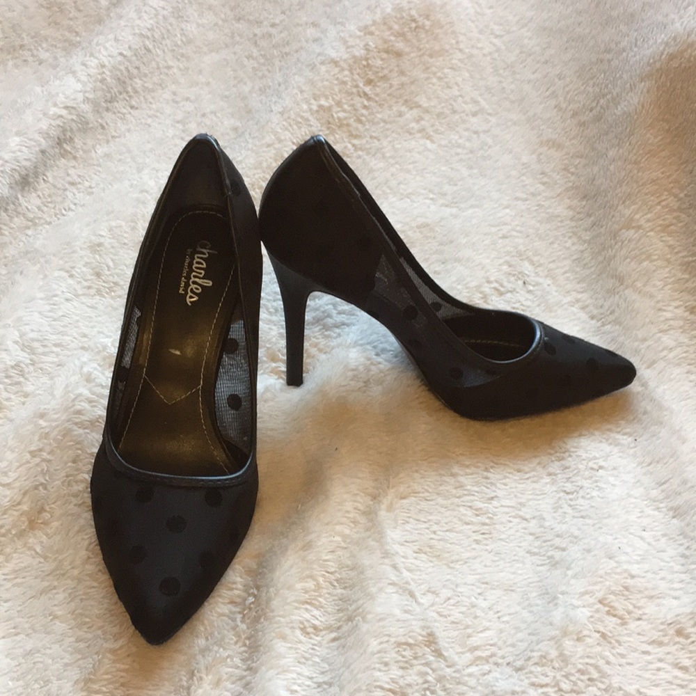 Black on black polka dot heels
